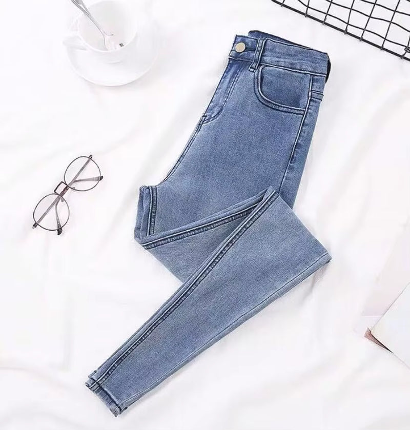 Elastic Strech Jeans for Women High Waist Full Length Skinny Pencil Black Blue Denim Pants Slim Streetwear Female Trousers