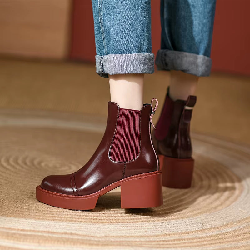 2024 Winter Genuine Leather Ankle Boots Women Shoes Retro round Toe Women Boots Platform Boots Womens Heels Chunky Boots