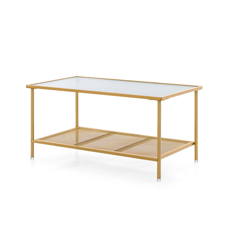 2-Tier Coffee Table with Shelf Tempered Glass Top