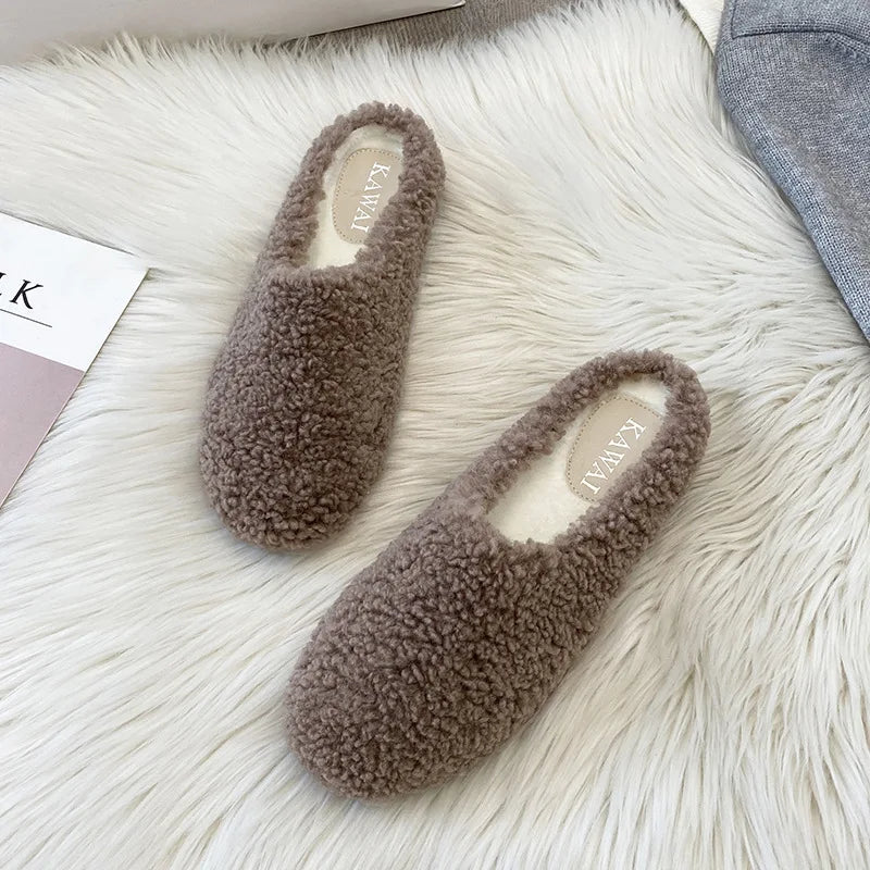 Plus Size 34-43 Luxury Lambwool Mules Winter Shoes Woman Flip Flops Flat Cover Toe Slides Ins Warm Curly Lamb Fur Slippers Women