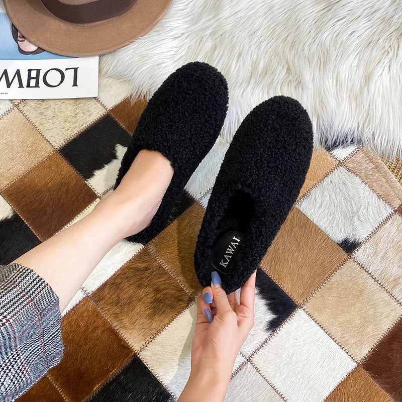 Plus Size 34-43 Luxury Lambwool Mules Winter Shoes Woman Flip Flops Flat Cover Toe Slides Ins Warm Curly Lamb Fur Slippers Women