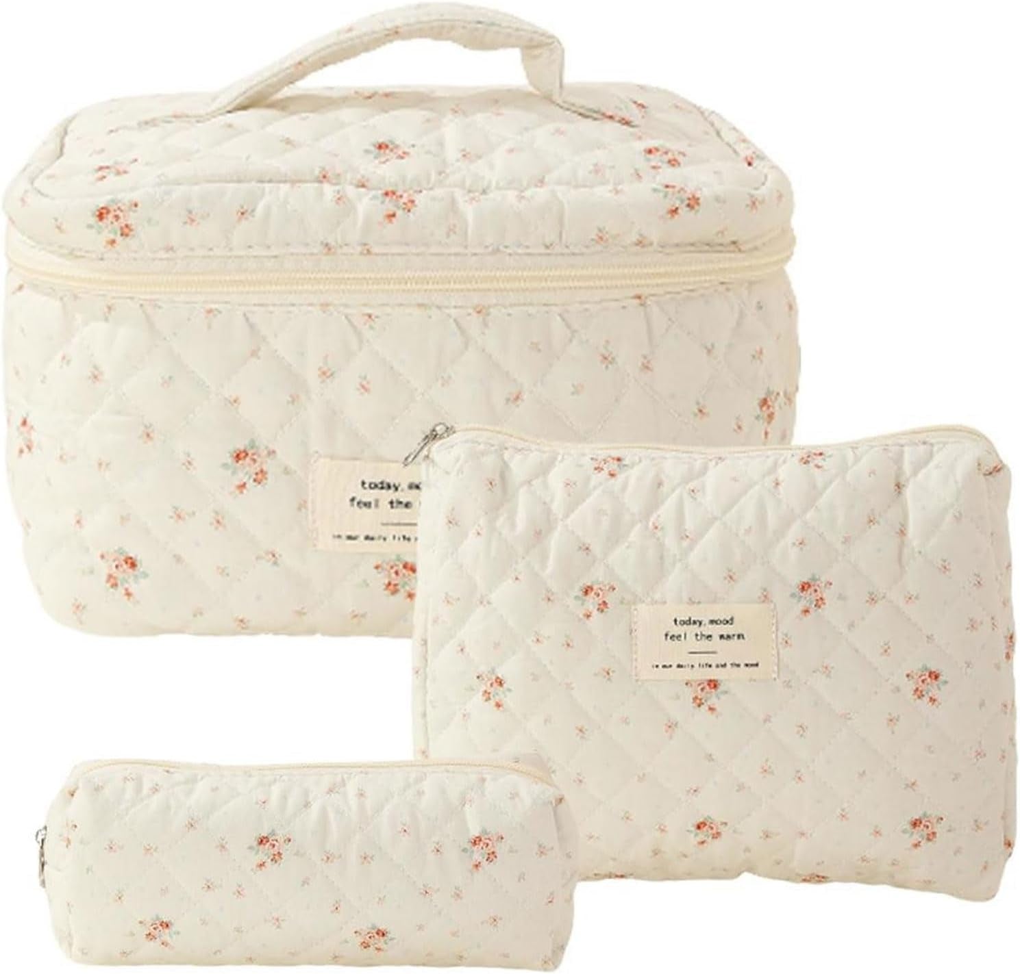 3Pcs Cotton Quilted ,Portable Travel Cosmetic Bag,Large Capacity Coquette Aesthetic Make up Bag Organizer,Travel Toiletry Bag with Handle for Women Girls Ladies (White)
