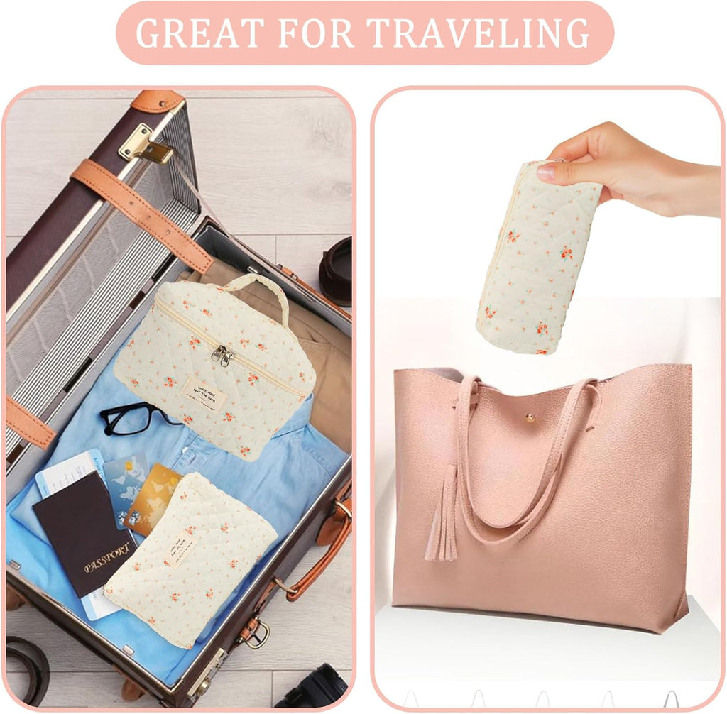 3Pcs Cotton Quilted ,Portable Travel Cosmetic Bag,Large Capacity Coquette Aesthetic Make up Bag Organizer,Travel Toiletry Bag with Handle for Women Girls Ladies (White)