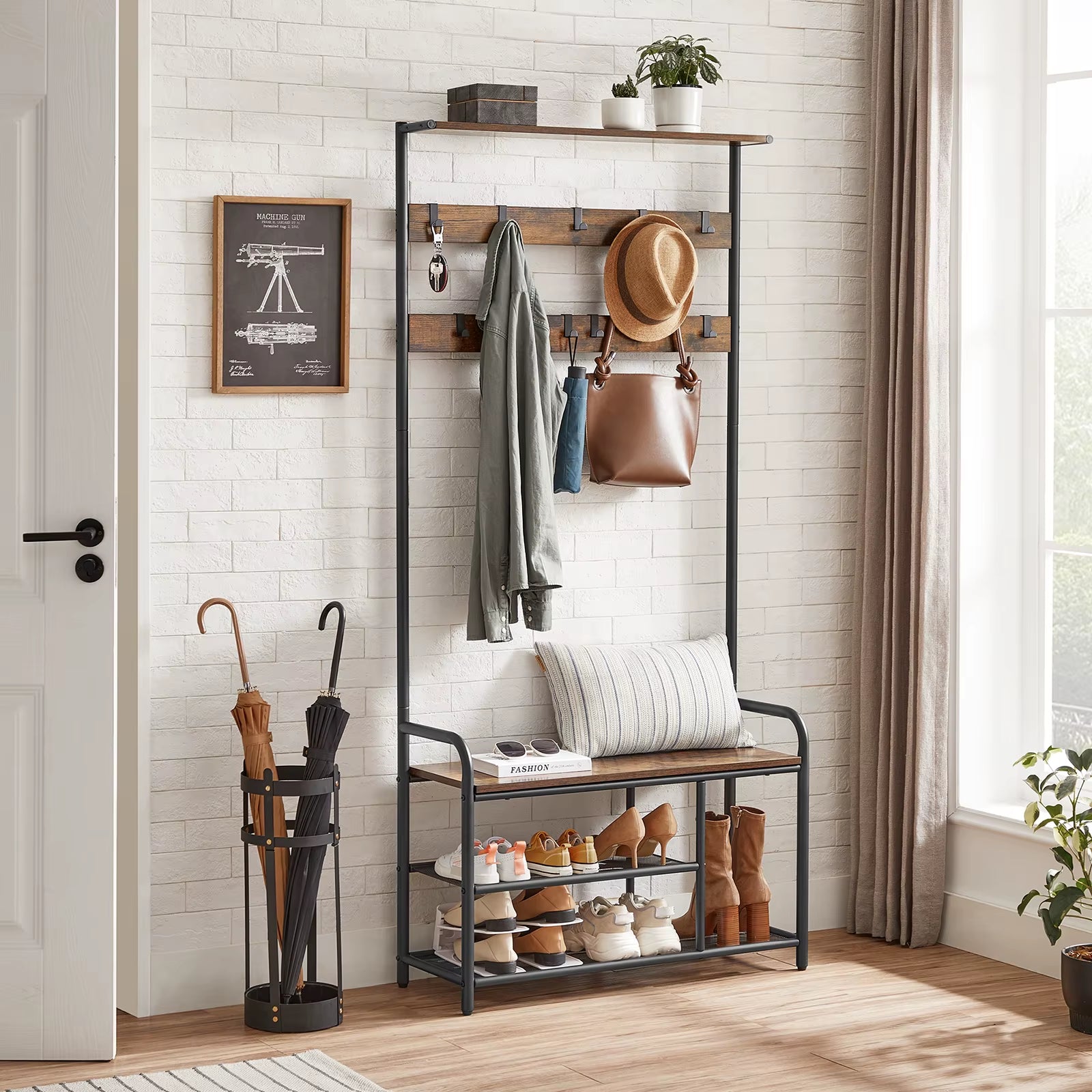 Coat Stand Rack, Coat and Shoe Storage Hallway, Coat Tree with Shoe Bench, 9 Removable Hooks, Top Shelf
