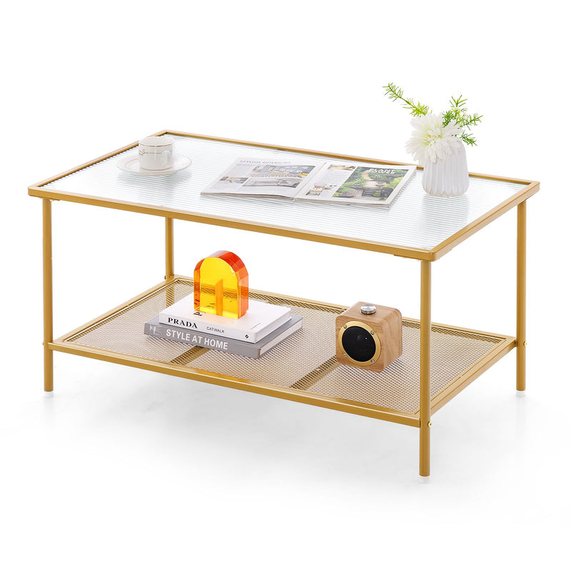 2-Tier Coffee Table with Shelf Tempered Glass Top