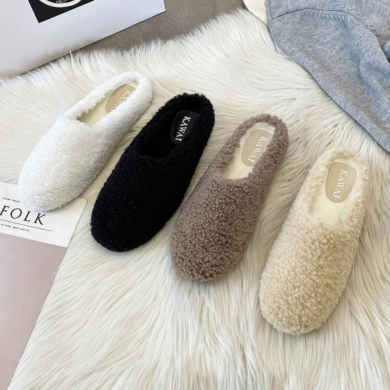 Plus Size 34-43 Luxury Lambwool Mules Winter Shoes Woman Flip Flops Flat Cover Toe Slides Ins Warm Curly Lamb Fur Slippers Women