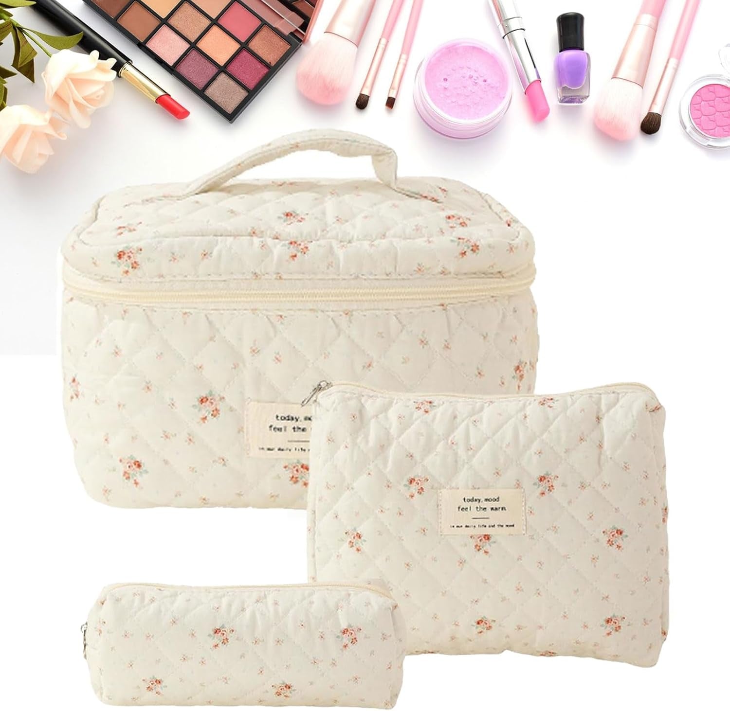 3Pcs Cotton Quilted ,Portable Travel Cosmetic Bag,Large Capacity Coquette Aesthetic Make up Bag Organizer,Travel Toiletry Bag with Handle for Women Girls Ladies (White)