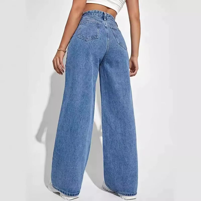 Fashion Retro Blue Jeans Women Y2K High Street Baggy Straight Pants High Waisted All-In-One Slim Pants