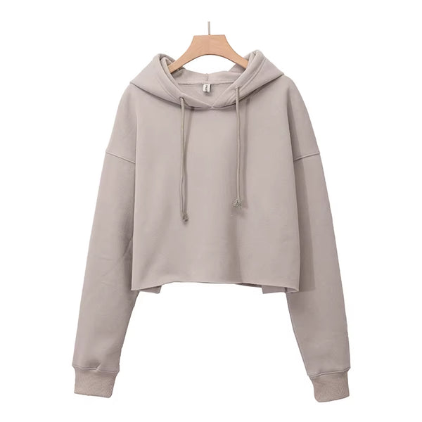 Solid Women'S Crop Hoodie Thin Long Sleeve Spring Autumn Ladies Streetwear Pullover Sweatshirt M30635
