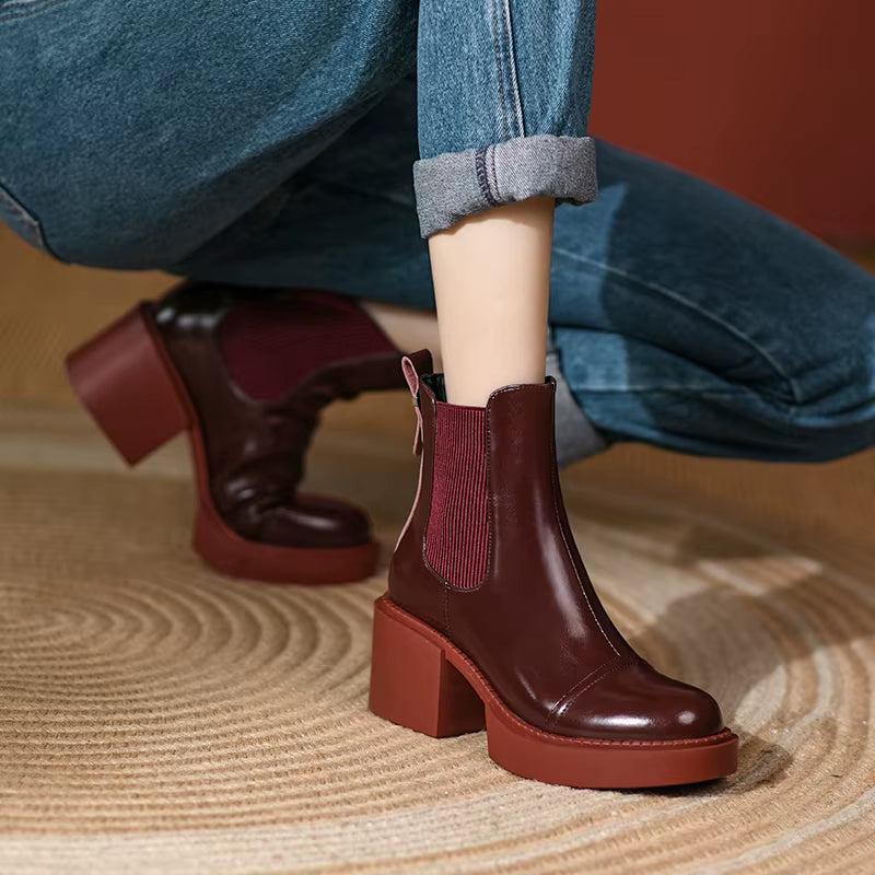 2024 Winter Genuine Leather Ankle Boots Women Shoes Retro round Toe Women Boots Platform Boots Womens Heels Chunky Boots