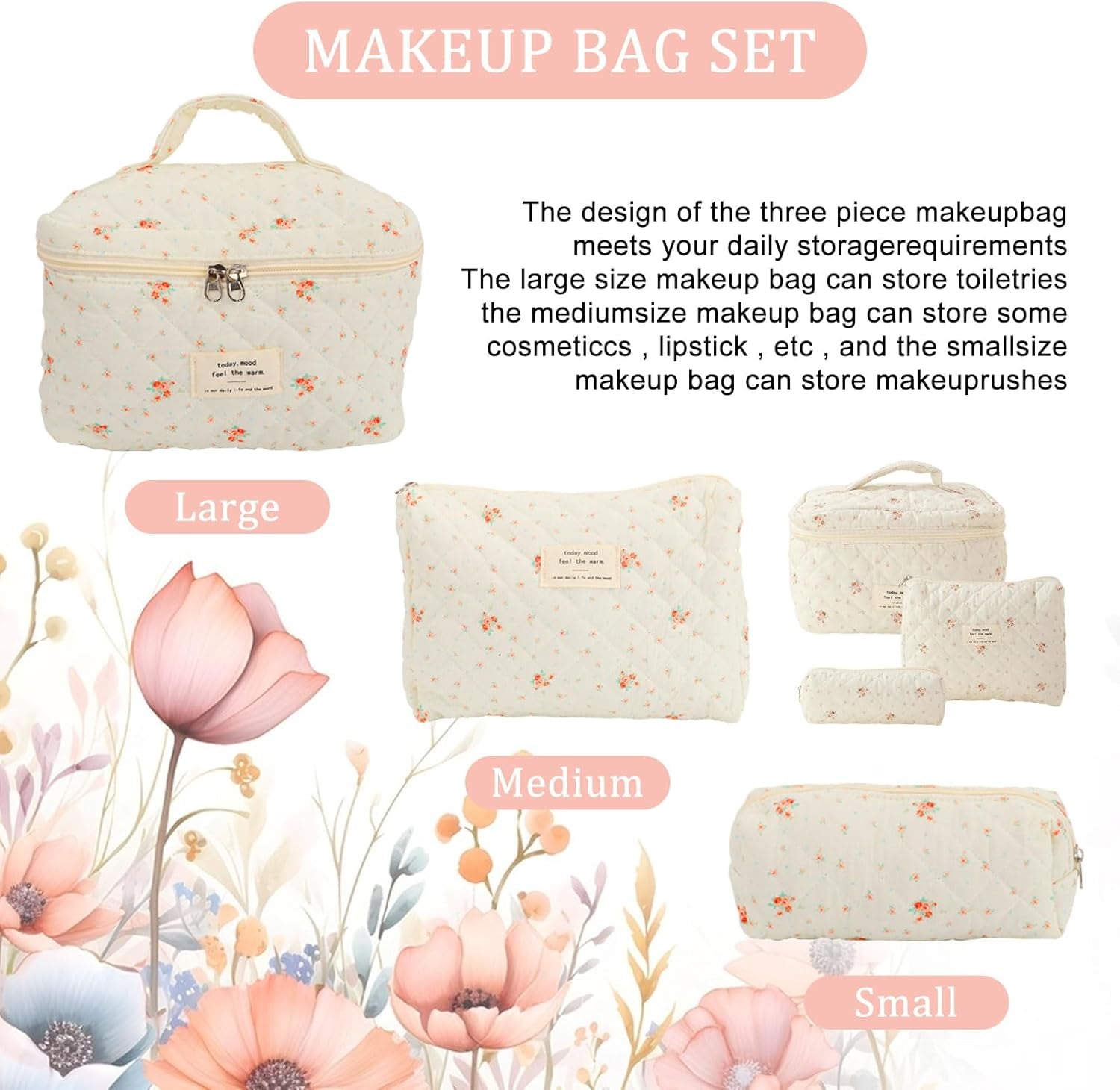 3Pcs Cotton Quilted ,Portable Travel Cosmetic Bag,Large Capacity Coquette Aesthetic Make up Bag Organizer,Travel Toiletry Bag with Handle for Women Girls Ladies (White)