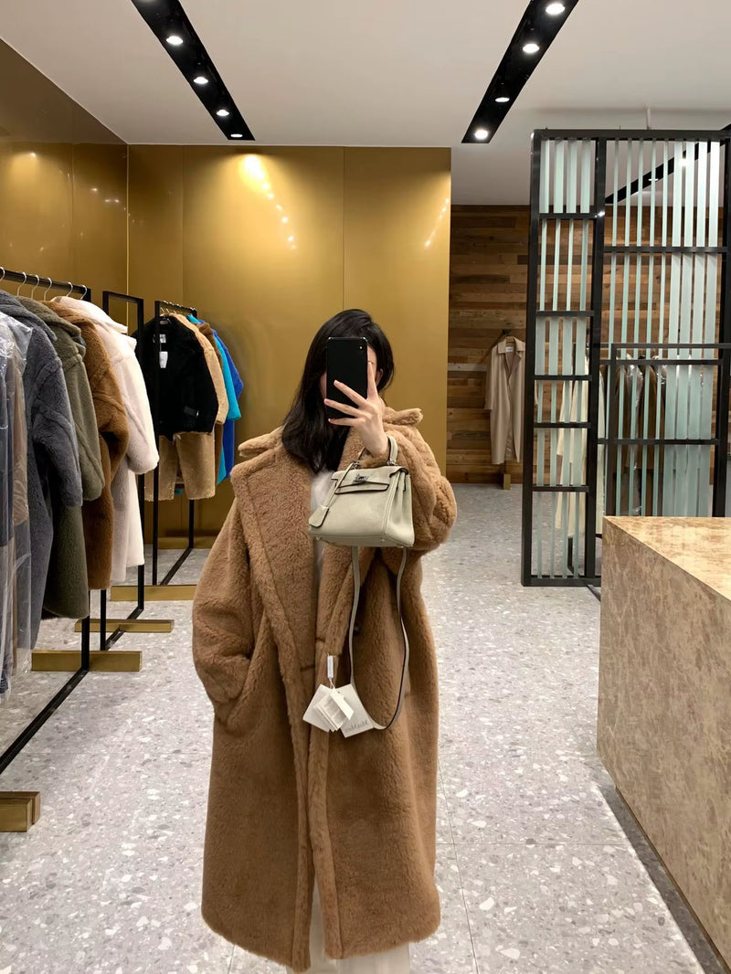 Real Fur Coat Wool Jacket Women Autumn Winter Thick Warm Soft Fleece Jacket Pocket Outerwear Overcoat Bear Teddy