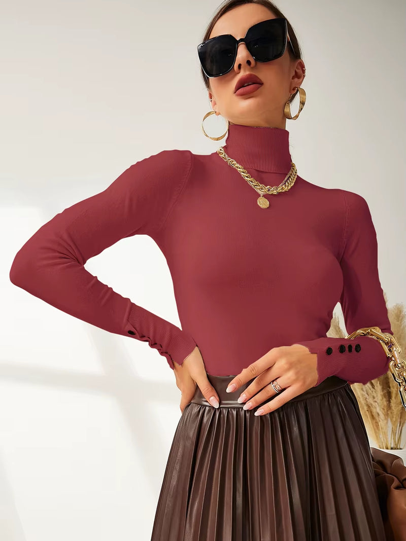 New Winter Spring Women Button Cuff Knit Turtleneck Pullover Loose Sweater Female Korean Fashion Jumper Tops Y2K Clothes Pulls