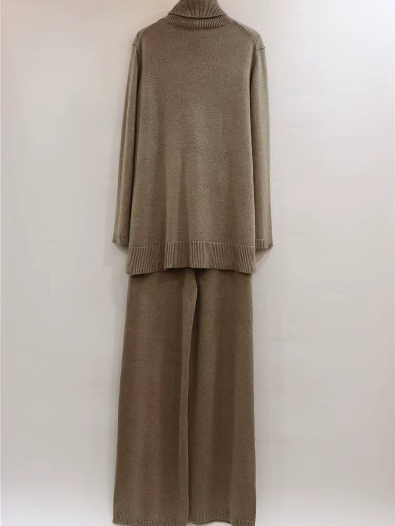 Luxury Two Pieces 45% Cashmere + 30% Wool Suits Female Turtleneck Warm Mink Cashmere Knit Tops + Wide Leg Wool Pant Sets F688