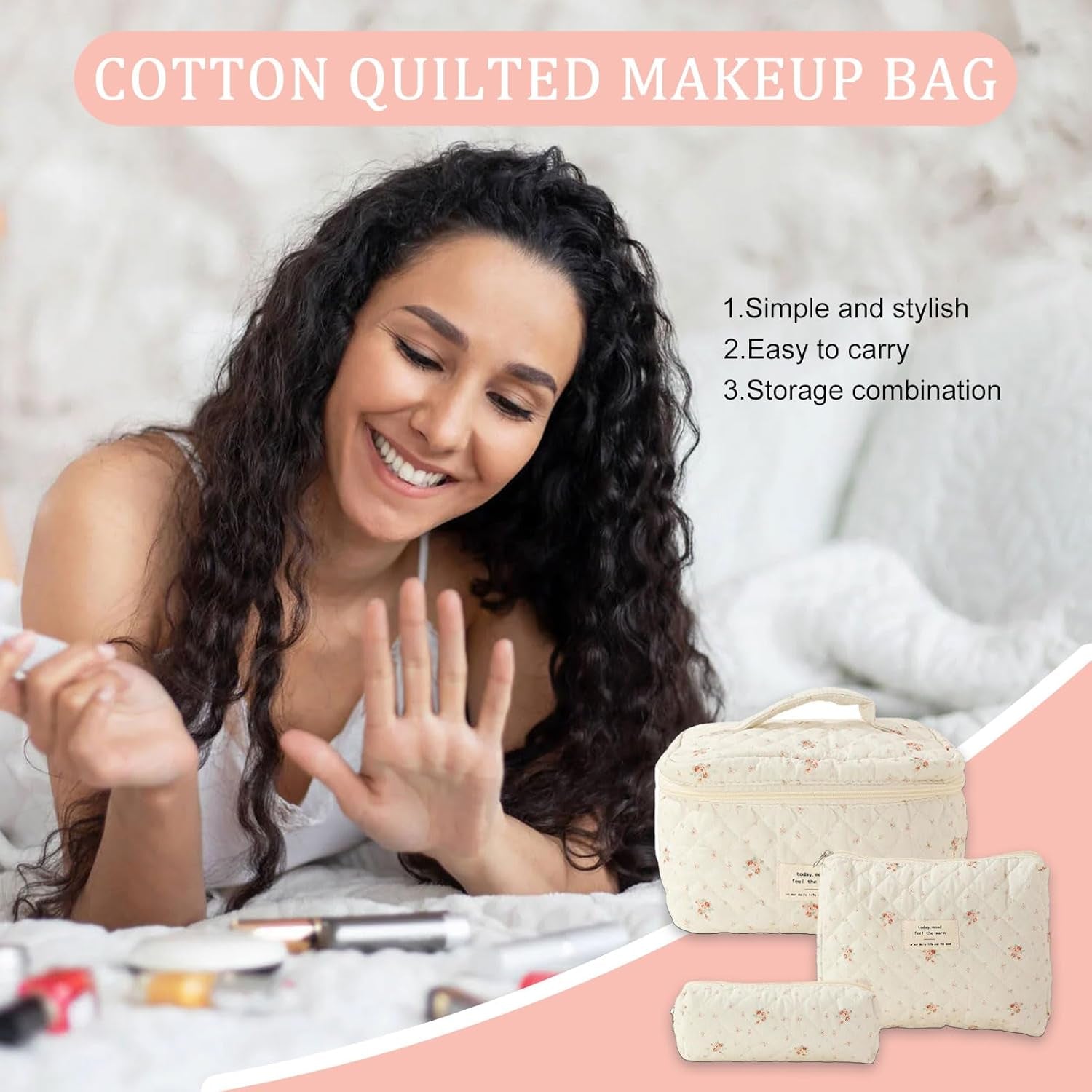 3Pcs Cotton Quilted ,Portable Travel Cosmetic Bag,Large Capacity Coquette Aesthetic Make up Bag Organizer,Travel Toiletry Bag with Handle for Women Girls Ladies (White)