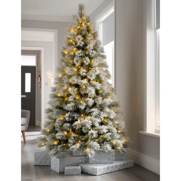 7Ft Snow Flocked Pine Artificial Christmas Tree with 350 Clear and White Lights